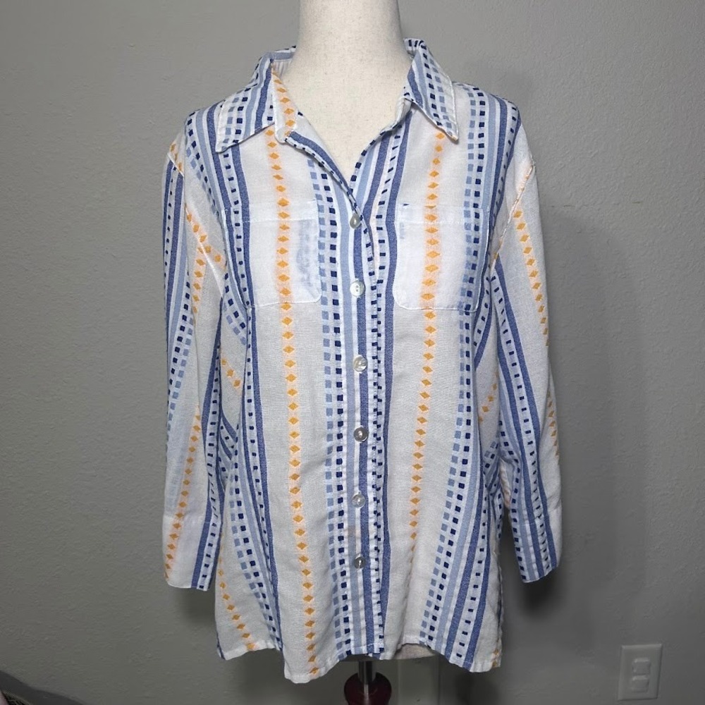 Alfred Dunner Women's Blouse White Blue Yellow Geometric Print Button Down S/S